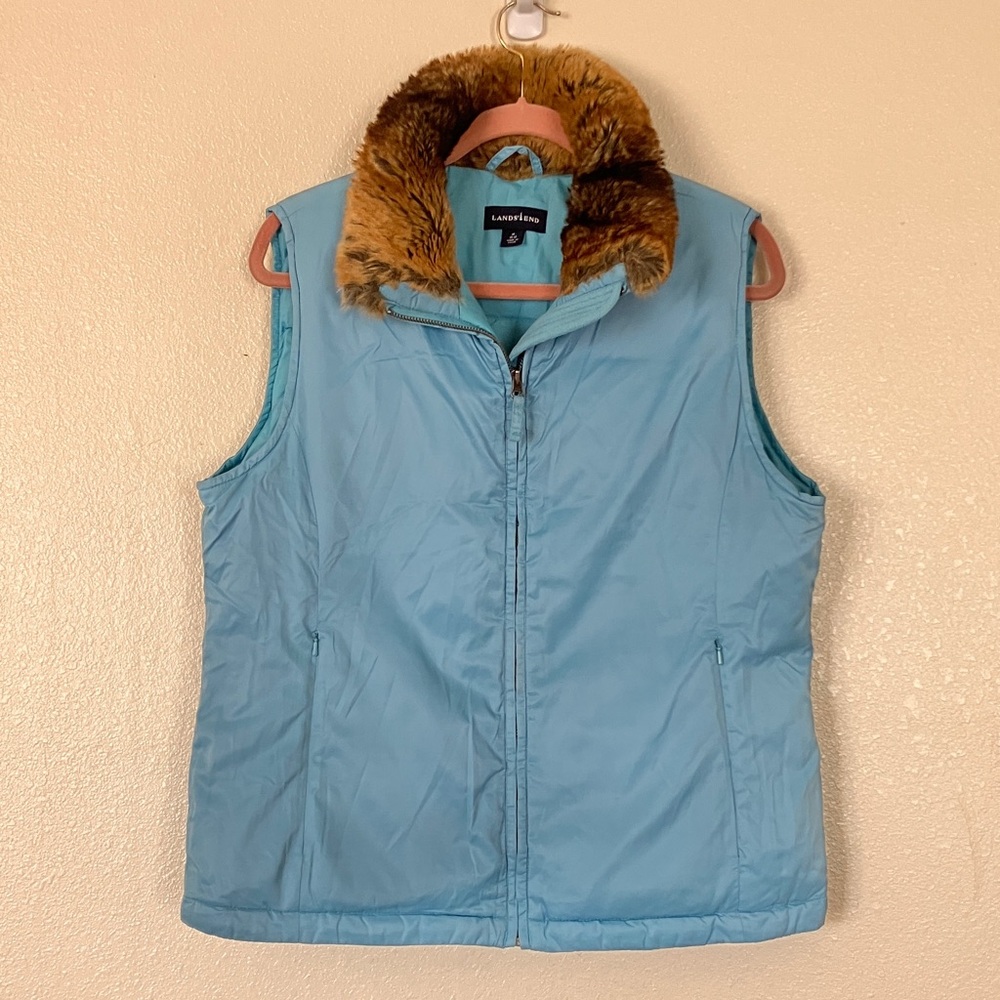 Lands' End Down Filled Faux Fur Collar Vest, M